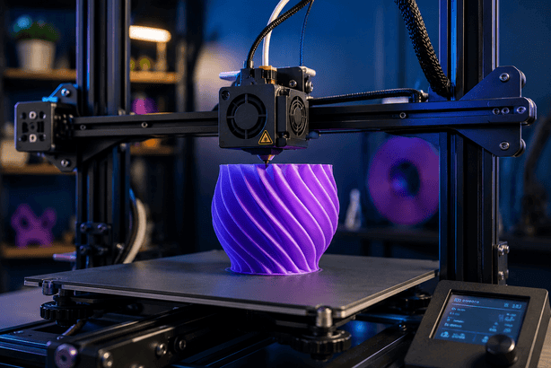 Impressora 3D produzindo um vaso decorativo roxo em camadas